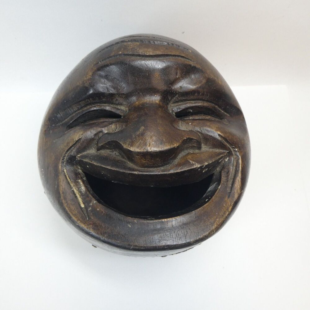 Laughing Face Bowl Hand Carved Wooden Mask Lid Vintage MCM Tribal Open Mouth